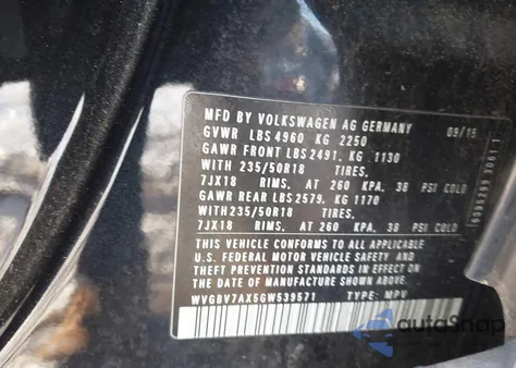 2016 Volkswagen Tiguan R-Line/S/Se/Sel z USA, uszkodzony, nr VIN WVGBV7AX5GW539571